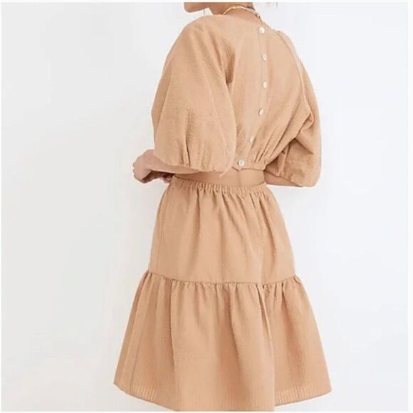 NEW Madewell Size M Seersucker Puff Sleeve Cutout Mini Dress Tan Button Back - Picture 2 of 14